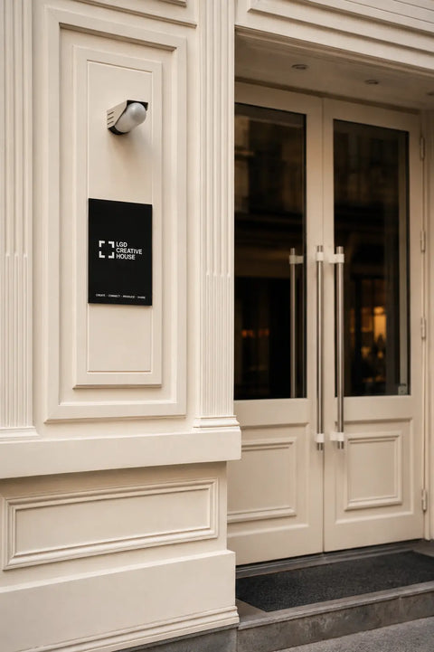 La Porte d'entrée de la LGD Creative House à droite, panneau avec le logo sur la gauche